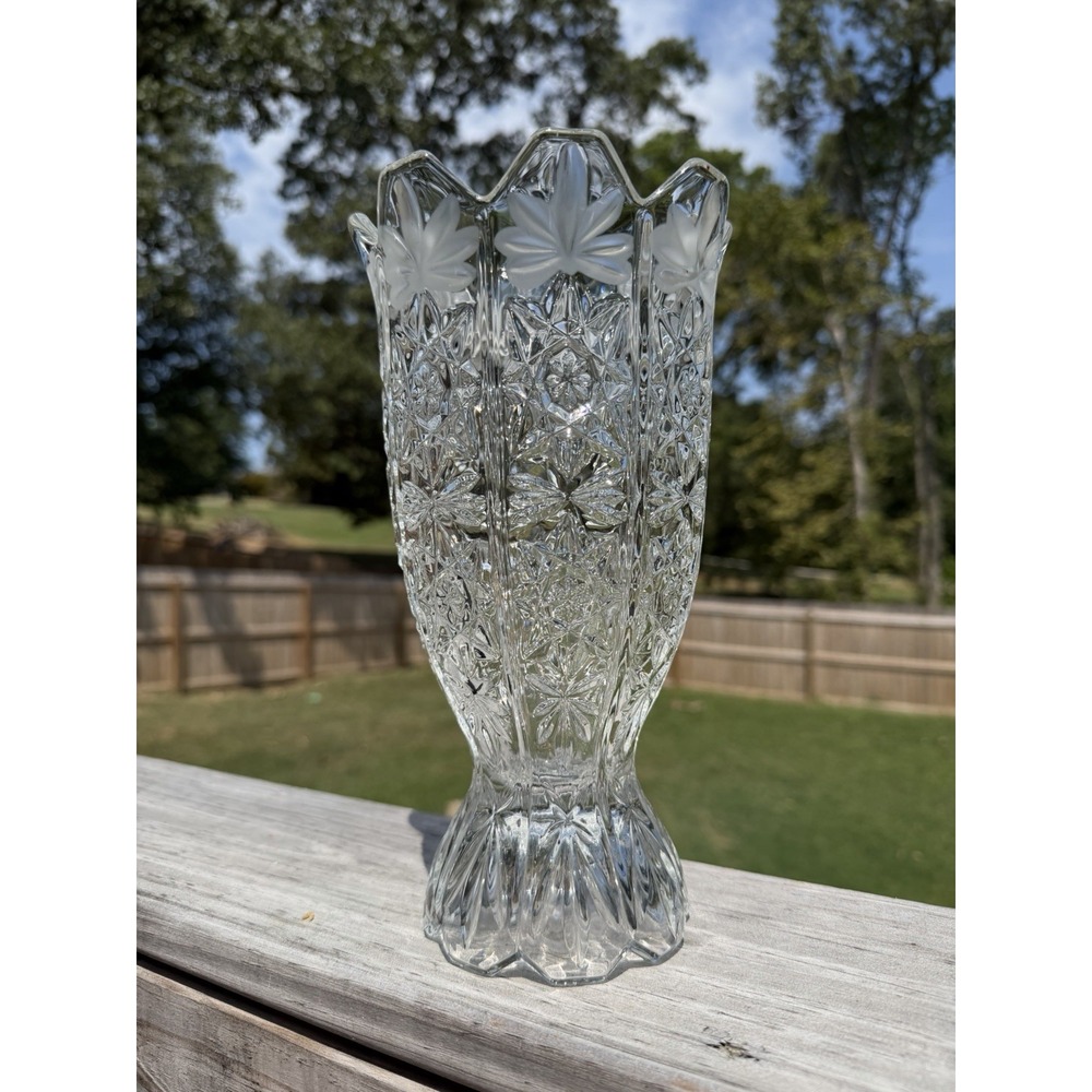 Pressed Glass Vase 10" Floral Hobstar Scalloped Pedestal Unmarked